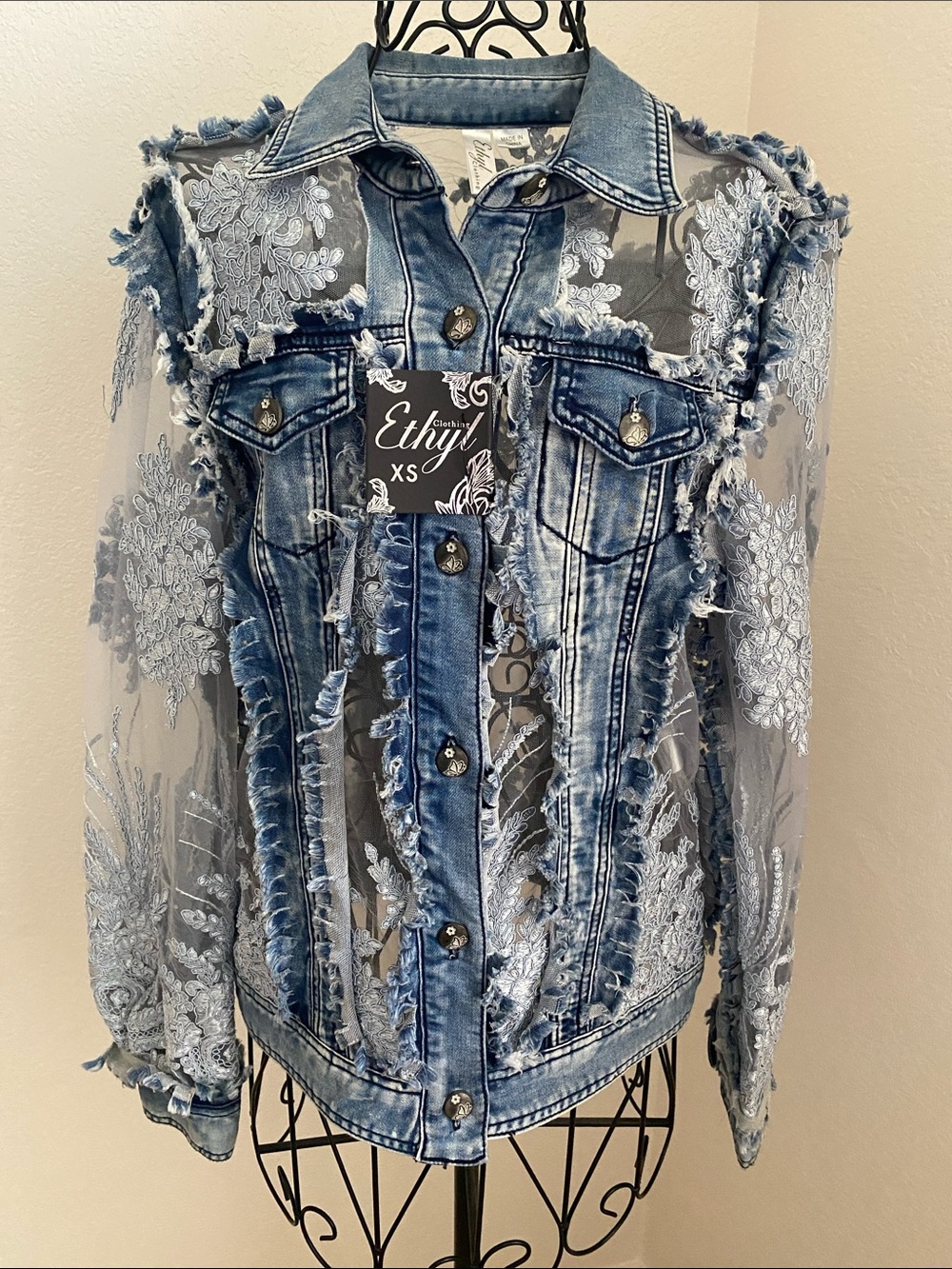 Ethyl Distressed Denim Jacket with Lace Sleeves - Light Blue